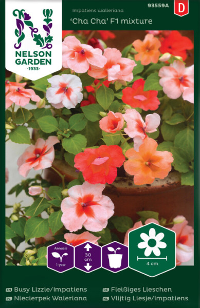 Produktbild von Nelson Garden Fleißiges Lieschen Cha Cha F1 Mix mit bunten Blüten und Verpackungsinformationen in verschiedenen Sprachen