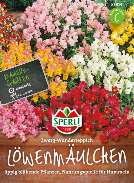 Produktbild von Sperli Löwenmäulchen Zwerg-Wunderteppich mit blühenden Pflanzen in verschiedenen Farben und Informationen zur einjährigen Pflanze sowie dem Hinweis als Nahrungsquelle für Hummeln.