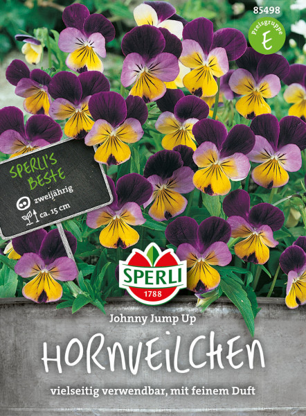 Produktbild von Sperli Hornveilchen Johnny Jump Up mit lila-gelben Blüten und Verpackungsdesign inklusive Markenlogo und Hinweisen auf Vielseitigkeit und Duft.