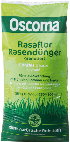 Produktbild von Oscorna-Rasaflor Rasendünger granuliert in einer 25kg Verpackung mit Angaben zur Dosierung und Hinweisen zur Anwendung im Fruhjahr Sommer und Herbst