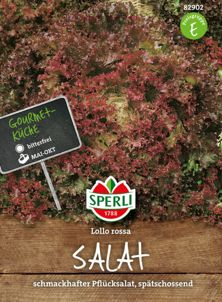 Produktbild von Sperli Salat Lollo rossa Verpackung mit Abbildung von rotem Pflücksalat und Informationen zur Aussaat und Produktmerkmalen in deutscher Sprache.