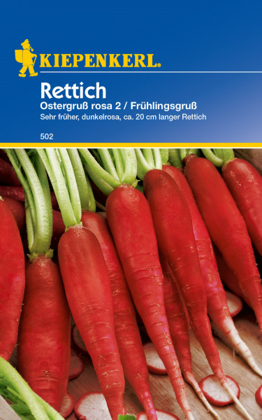 Produktbild von Kiepenkerl Rettich Ostergruß rosa 2 Frühlingsgruß mit Abbildung des dunkelrosa Rettichs und Verpackungsinformationen in deutscher Sprache