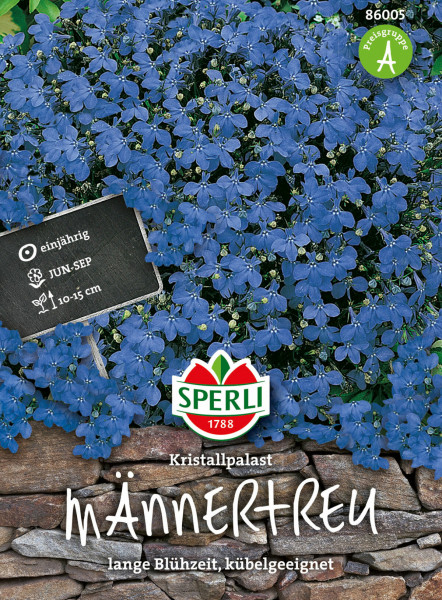 Produktbild von Sperli Männertreu Kristallpalast mit blauen Blüten, Informationen zu einjähriger Lebensdauer und Blütezeit von Juni bis September sowie Hinweis zur Kübelgeeignetheit.