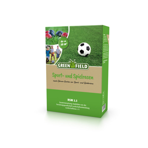 Produktbild von GREENFIELD Sport- und Spielrasen 1kg Verpackung mit Rasenfläche und spielenden Kindern im Hintergrund.