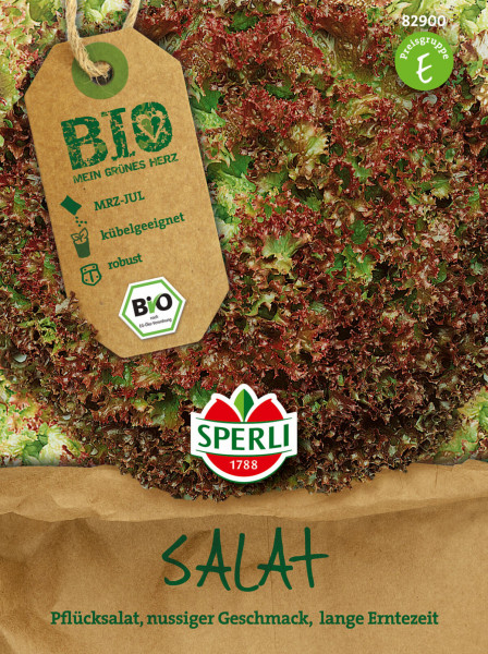 Produktbild von Sperli BIO Pflücksalat rot mit Verpackung die Anpflanzinformationen, Bio-Siegel und das Sperli Logo zeigt