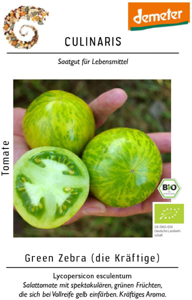 Produktbild von Culinaris BIO Salattomate Green Zebra mit grünen gestreiften Tomaten in einer Hand und Logo sowie Beschreibung auf Deutsch.