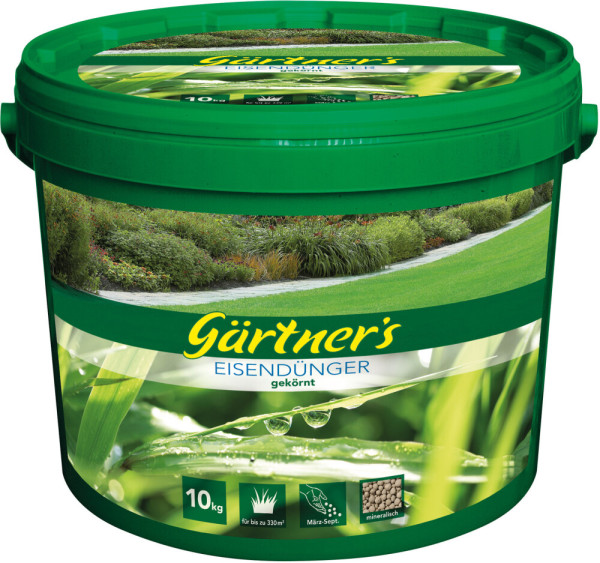 Produktbild von Gärtners Eisendünger gekörnt in einer 10kg Kunststoffverpackung mit Gartenabbildung und Angaben zu Gewicht und Anwendungszeitraum.