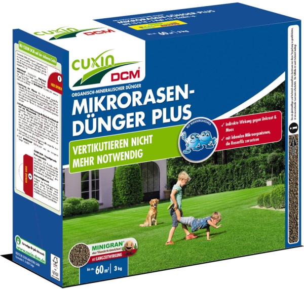 Produktbild von Cuxin DCM Mikro-Rasendünger Plus Minigran in einer 3kg Streuschachtel mit Abbildungen eines Gartens, spielender Kinder und eines Hundes sowie Informationen zu den Produkteigenschaften auf Deutsch.
