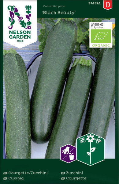 Produktbild von Nelson Garden BIO Zucchini Black Beauty mit Abbildung der Zucchinisortierung und Kennzeichnungen für Bio-Qualität in mehreren Sprachen