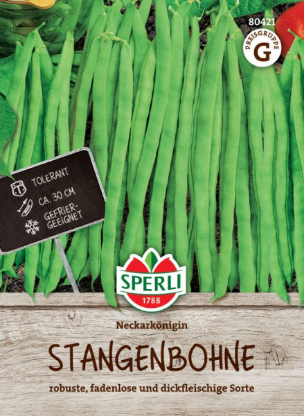 Produktbild von Sperli Stangenbohne Neckarkönigin Saatgutverpackung mit Abbildung grüner Bohnen und einer Beschreibung als robuste fadenlose und dickfleischige Sorte sowie dem Hinweis gefriergeeignet.