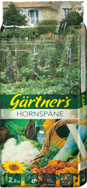 Produktbild von Gärtners Hornspäne in einem 2, 5, kg Beutel mit Bildern von Gemüsegarten und Verwendungshinweisen