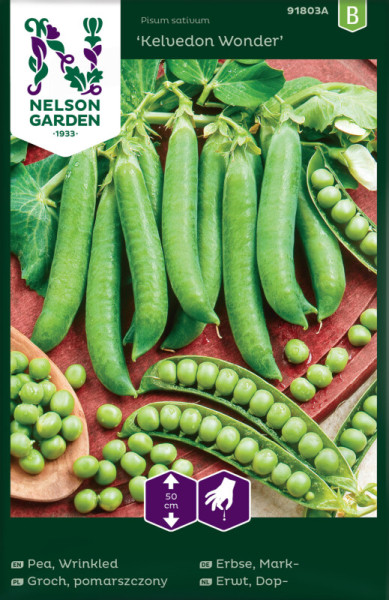Produktbild Nelson Garden Markerbse Kelvedon Wonder Verpackung mit Abbildungen von Schoten und Erbsen sowie Anbauinformationen.