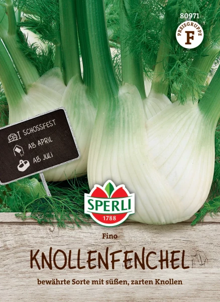 Produktbild von Sperli Knollenfenchel Fino mit Darstellung der Fenchelknollen und Informationen zum Anpflanzen auf Deutsch.