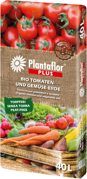 Produktbild von Plantaflor Bio Tomaten- und Gemüseerde torffrei 40l Verpackung mit Darstellung von Tomaten und verschiedenen Gemüsesorten sowie Produktinformationen.