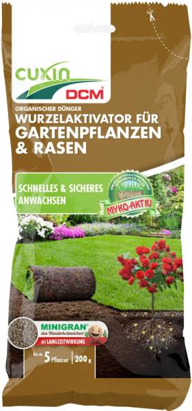 Produktbild von Cuxin DCM Wurzelaktivator für Gartenpflanzen und Rasen in einer 200g Packung mit Abbildungen von Garten und angewendetem Produkt.