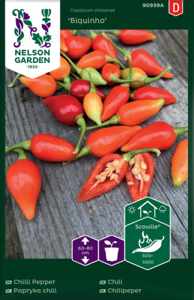 Produktbild von Nelson Garden Chili Biquinho Samenpaket mit Abbildung verschiedener Reifestadien der Chilis sowie Informationen zu Pflanzengröße und Schärfegrad.