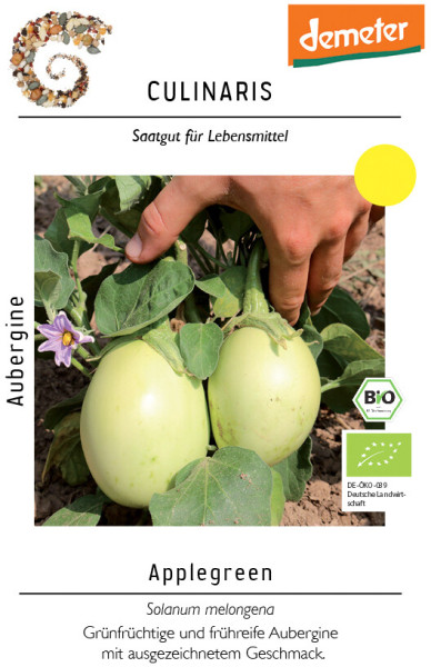 Produktbild von Culinaris BIO Aubergine Applegreen mit der Darstellung grüner Auberginen an der Pflanze und Hinweisen auf biologischen Anbau sowie Demeter-Siegel.