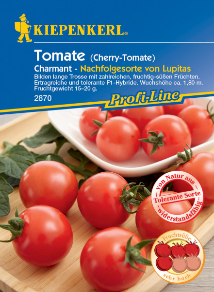 Produktbild von Kiepenkerl Cherry-Tomate Charmant F1 mit abgebildeten roten Tomaten sowohl lose als auch an einer Rispe einem weißen Gefäß und Produktinformationen auf Deutsch