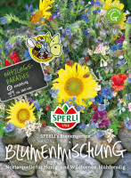 Produktbild von Sperli Blumenmischung SPERLIs Bienengarten mit verschiedenen, bunten Blumen und Verpackungsangaben auf Deutsch. Produktbild von Sperli Blumenmischung SPERLIs Bienengarten mit verschiedenen, bunten Blumen und Verpackungsangaben auf Deutsch.