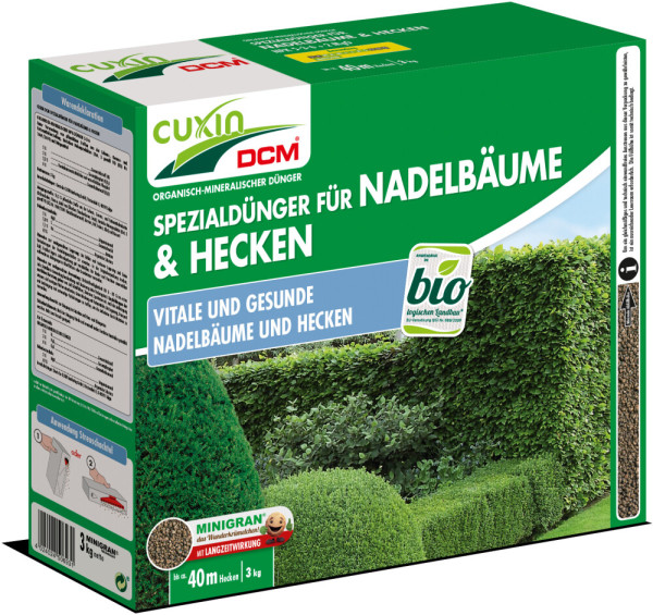 Produktbild von Cuxin DCM Spezialdünger für Nadelbäume und Hecken Minigran in einer 3kg Streuschachtel mit Anwendungshinweisen und Bio-Siegel.
