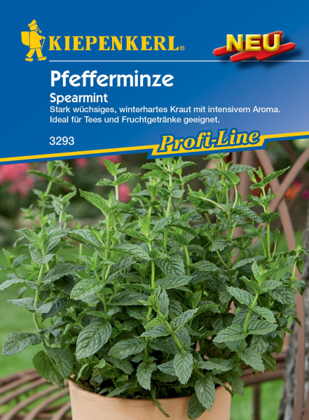 Produktbild von Kiepenkerl Pfefferminze Spearmint Saatgutverpackung mit Bildern der Pflanze und Informationen zu Eigenschaften und Verwendung auf Deutsch.