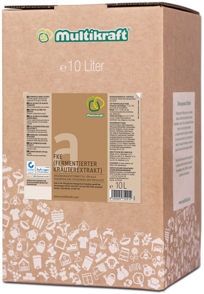 Produktbild von Multikraft FKE Fermentierter Kräuterextrakt in einem 10 Liter Karton mit Markenlogo und Produktinformationen auf Deutsch.