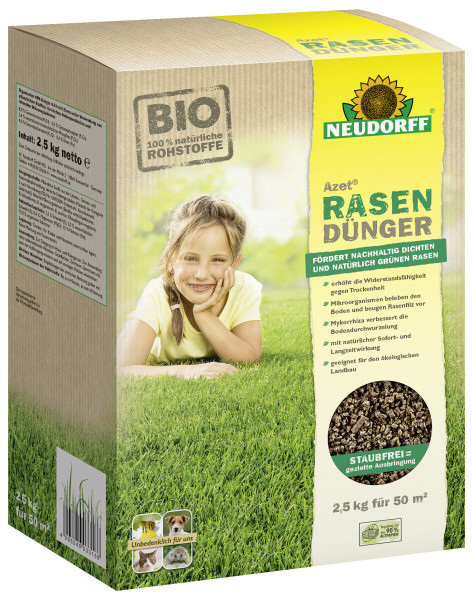 Produktbild von Neudorff Azet RasenDünger in einer 2, 5, kg Packung mit Angaben zu Inhaltsstoffen und Hinweisen zur umweltfreundlichen Anwendung sowie Abbildungen von Rasenflächen und einer lächelnden Person.