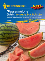 Produktbild von Kiepenkerl Wassermelone Tigrimini F1 mit Angaben zu Sorte und Eigenschaften sowie Abbildungen einer ganzen und aufgeschnittenen Melone.
