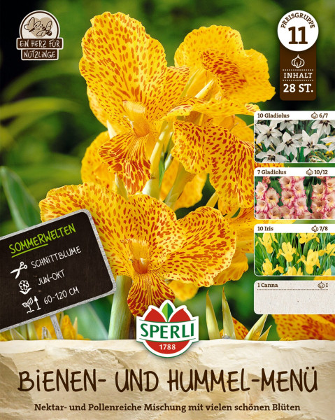 Produktbild von Sperli Bienen- und Hummel-Menü mit Nektar- und Pollenreichen Pflanzen Samenpackung und Informationen zur Blütezeit sowie Darstellungen der Blumenarten