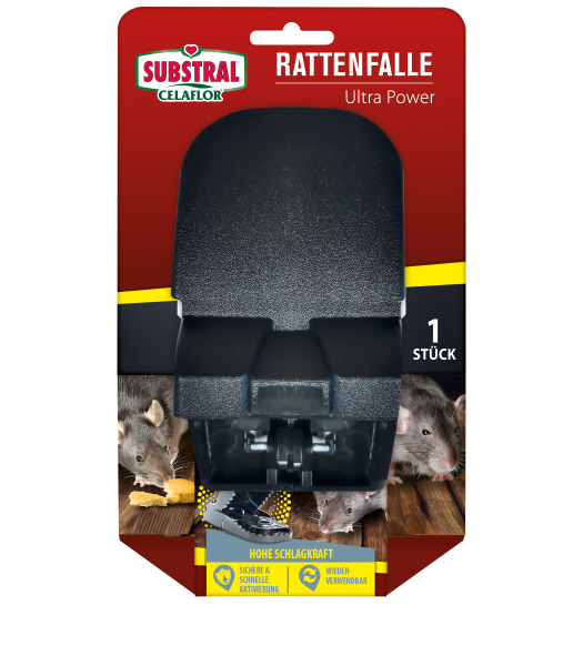 Produktbild einer Substral Rattenfalle Ultra Power mit Verpackung und Hinweisen zu hoher Schlagkraft, sicherer Aktivierung und Wiederverwendbarkeit.