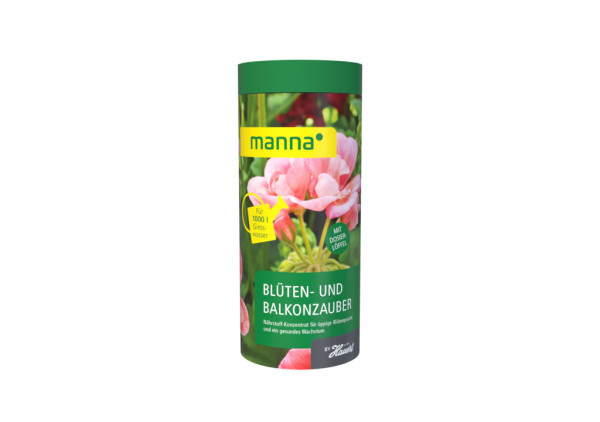 Produktbild von MANNA Blüten- und Balkonzauber 1kg Düngemittel in einer grünen Verpackung mit Blumenabbildung und Hinweisen zur Anwendung.