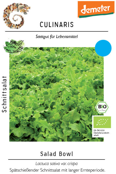 Produktbild von Culinaris BIO Schnittsalat Salad Bowl Verpackung mit dem Demeter-Logo und Informationen zu Bio-Zertifizierung und Sortenbezeichnung in deutscher Sprache.