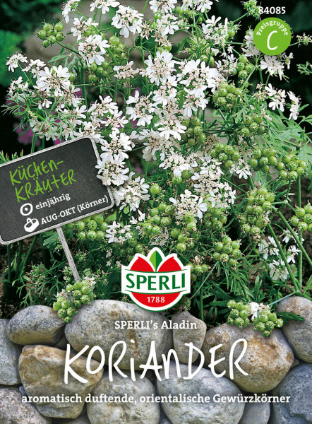 Produktbild von Sperli Koriander SPERLIs Aladin mit Darstellung blühender Korianderpflanzen und Preisgruppenkennzeichnung C sowie Informationen zur Einjährigkeit und Aussaatzeit im August bis Oktober.
