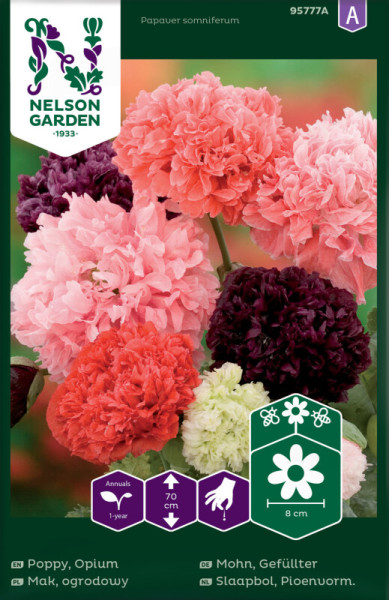 Produktbild von Nelson Garden Gefüllter Mohn mit bunten Blüten und Verpackungsdetails sowie Wachstumsinformationen auf Deutsch.