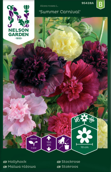 Produktbild von Nelson Garden Stockrose Summer Carnival mit verschiedenen bunten Blüten und Produktinformationen auf einer Verpackung.