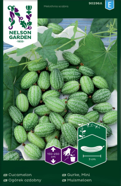 Produktbild von Nelson Garden Mex Minigurke Saatgutverpackung mit Abbildung der Gurken und Blätter sowie Anbauinformationen in verschiedenen Sprachen.