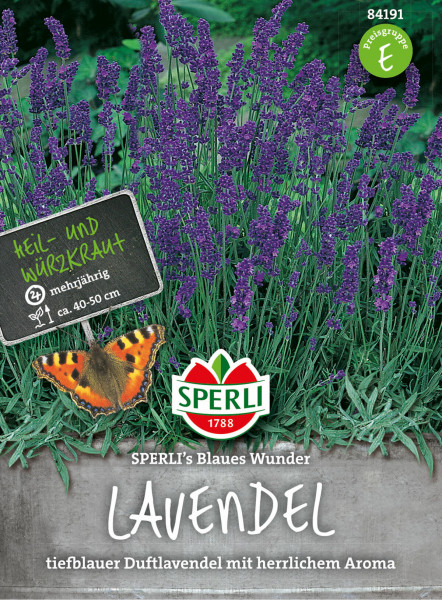Produktbild von Sperli Lavendel SPERLIs Blaues Wunder mit lila Lavendelblüten, Preisschild, Schmetterling und Produktbezeichnung samt Markenlogo.