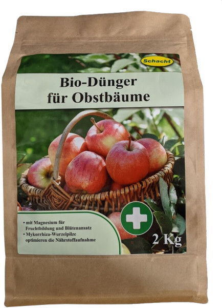 Produktbild von Schacht Bio-Dünger für Obstbäume 2kg Verpackung mit Bildern von Äpfeln in einem Korb und Informationen zu Inhaltsstoffen wie Magnesium und Mykorrhiza-Wurzelpilze in deutscher Sprache.
