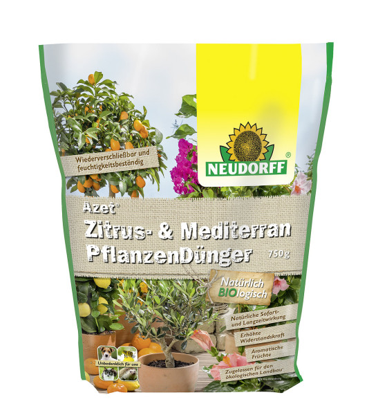 Produktbild von Neudorff Azet Zitrus- und MediterranpflanzenDünger Verpackung mit 750g Gewicht und Hinweisen zu den Produkteigenschaften in deutscher Sprache.