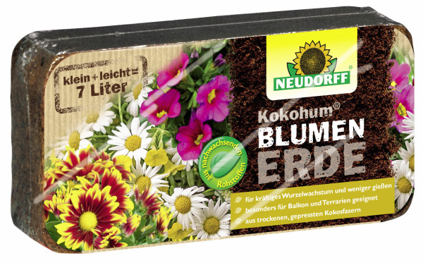 Produktbild von Neudorff Kokohum BlumenErde Brikett mit Darstellung von bunten Blumen und Informationen zur Verwendung und Vorteilen auf Deutsch.