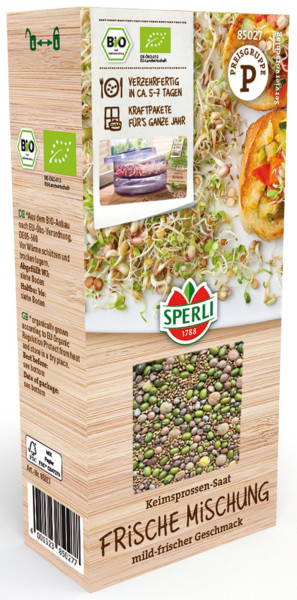Produktbild von Sperli BIO Keimsprossen-Saat Frische Mischung mit Darstellung der Saatgutmischung, Informationen zum biologischen Anbau und Hinweisen zur Keimdauer auf der Verpackung.
