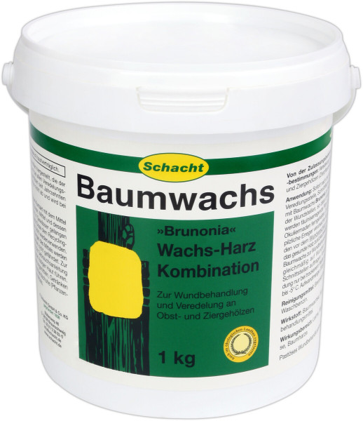 Produktbild von Schacht Baumwachs Brunonia 1kg Verpackung mit Informationen zur Anwendung und Produktbeschreibung in deutscher Sprache.