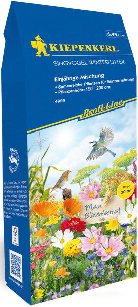 Produktbild von Kiepenkerl Blumenmischung Singvogel Winterfutter mit Darstellungen von blühenden Blumen und Vögeln sowie Preisangabe und Produktbeschreibung.