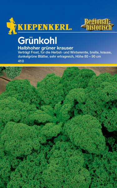 Produktbild von Kiepenkerl Grünkohl Halbhoher grüner krauser mit Bildern von Grünkohl sowie Textinformationen zu Eigenschaften und Wuchshöhe.
