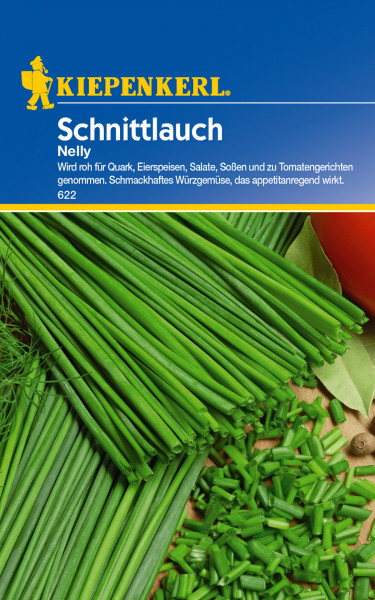 Produktbild von Kiepenkerl Schnittlauch Nelly mit Darstellung der grünen Schnittlauchhalme und Produktinformationen auf Deutsch.