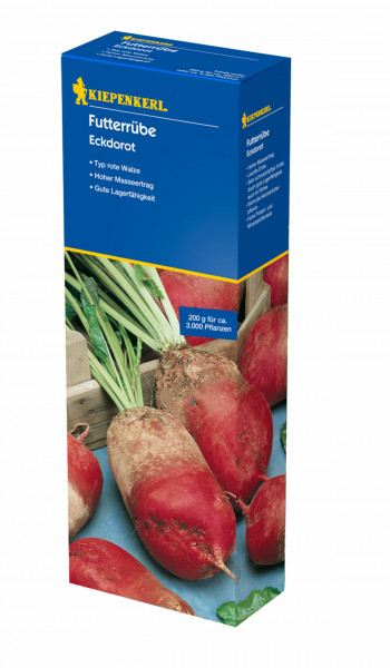 Produktbild der Kiepenkerl Futterruebe Eckdorot Verpackung mit 0, 2, kg Inhalt und Abbildung der roten Rueben sowie Informationen zu Ernteertrag und Lagerfaehigkeit.