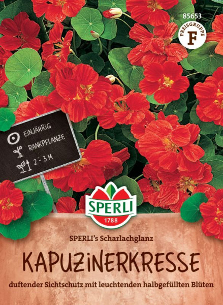 Produktbild von Sperli Kapuzinerkresse SPERLIs Scharlachglanz mit roten Blüten und Informationen zu Pflanzeneigenschaften in deutscher Sprache.