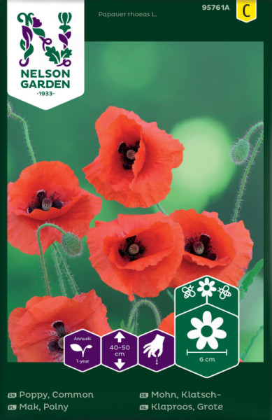 Produktbild von Nelson Garden Klatschmohn Verpackung mit Bildern der roten Blüten und Informationen zur Pflanzenart und Wuchshöhe in mehreren Sprachen.