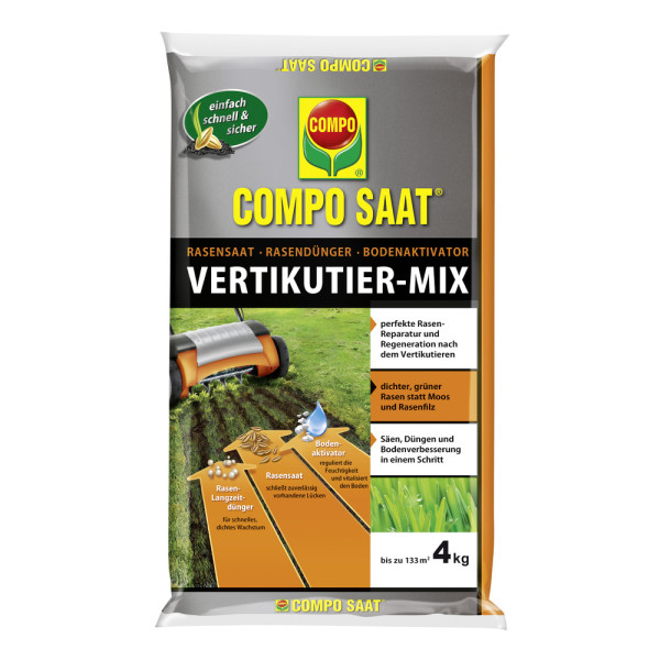 Produktbild von COMPO SAAT Vertikutier-Mix 7, 5, kg Packung mit Informationen zu Rasensaat Rasendünger und Bodenaktivator in deutscher Sprache.