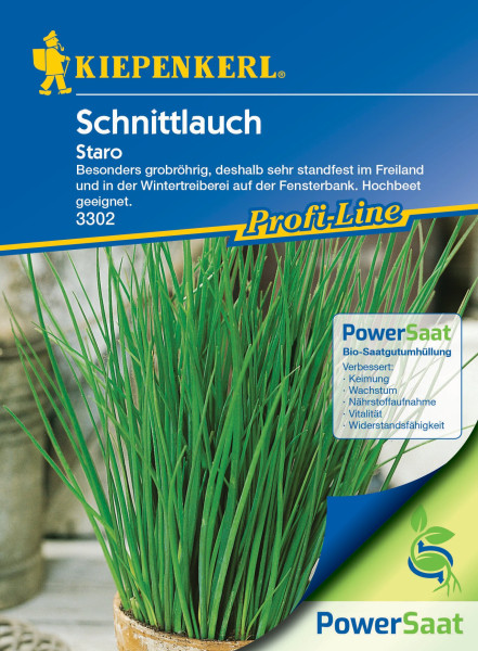 Produktbild von Kiepenkerl Schnittlauch Staro PowerSaat mit Informationen zu Saatgutqualität und Anwendungsempfehlung auf Deutsch.